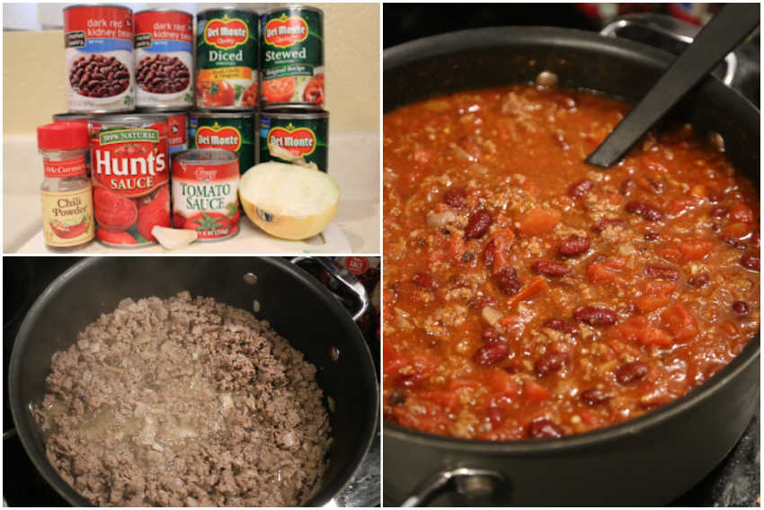 A collage showing chili ingredients and chili cooking