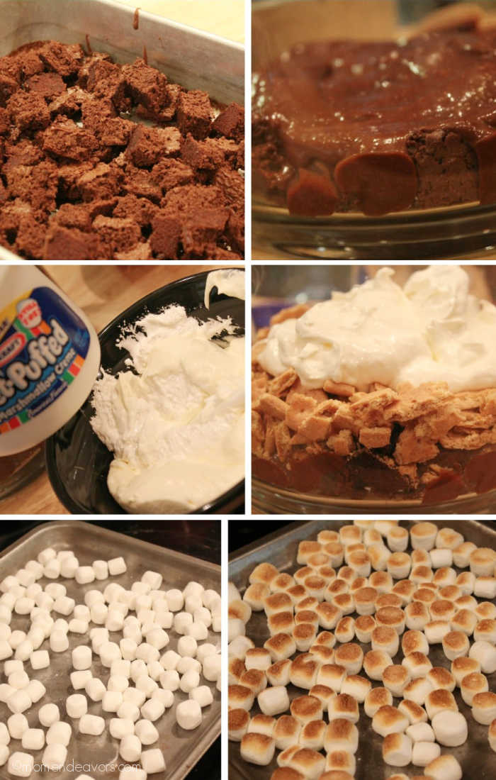 A collage of making s'mores trifle