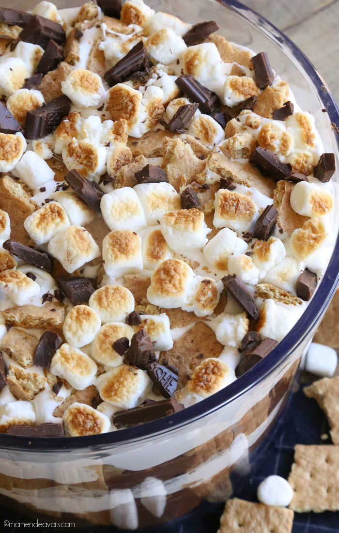 Roasted mini marshmallows and chocolate topping on s'mores trifle