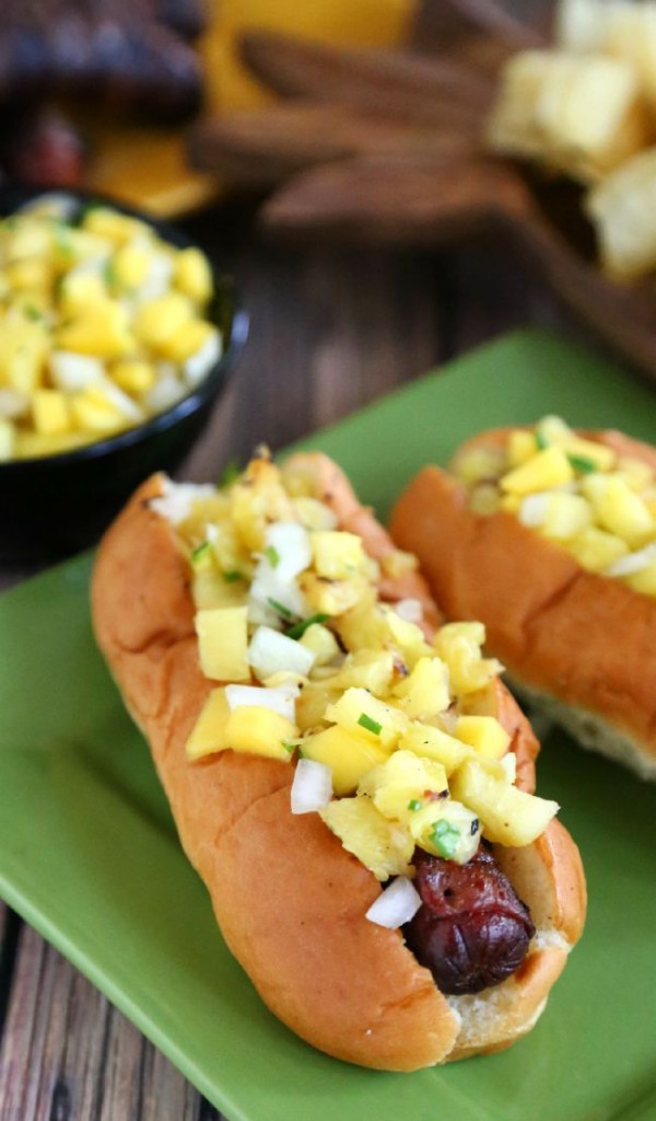 Hawaiian Hot Dogs with Grilled Pineapple Mango Salsa