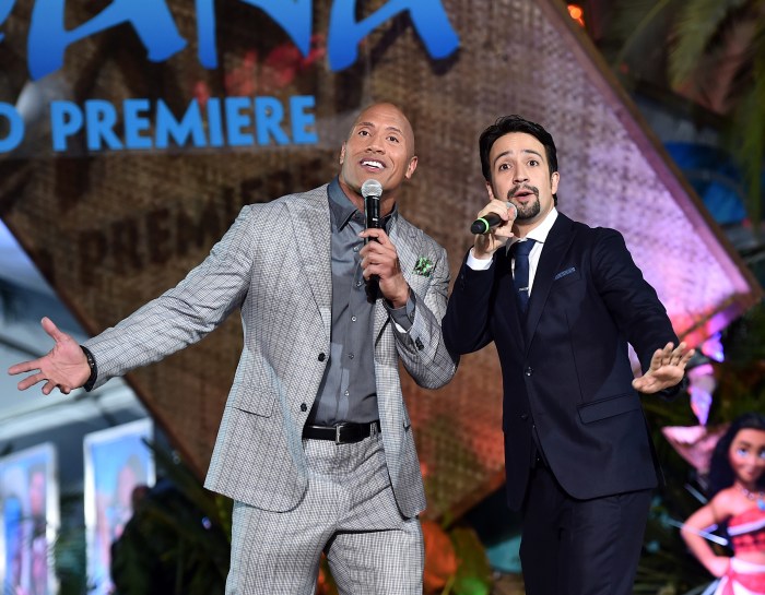 HOLLYWOOD, CA - NOVEMBER 14: Actor Dwayne Johnson (L) and songwriter Lin-Manuel Miranda perform onstage at The World Premiere of Disneys "MOANA" at the El Capitan Theatre on Monday, November 14, 2016 in Hollywood, CA. (Photo by Alberto E. Rodriguez/Getty Images for Disney) 
