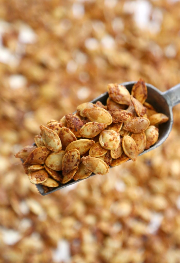 A scoop of roasted pumpkin seeds