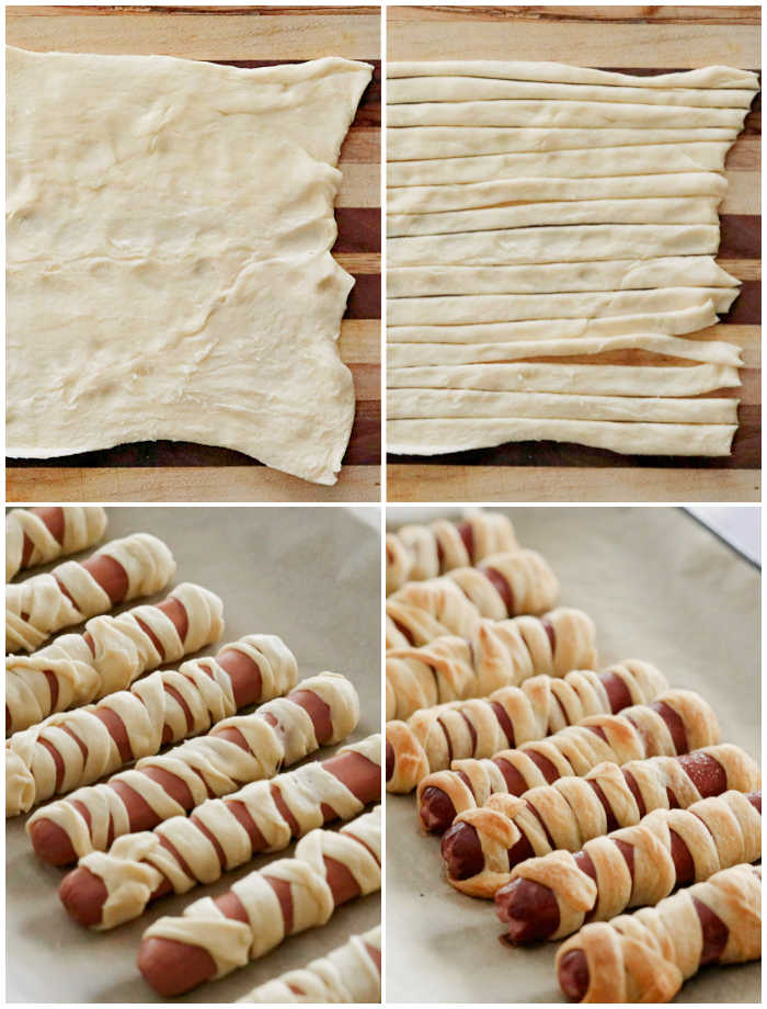 A collage showing the process of making hot dog mummies